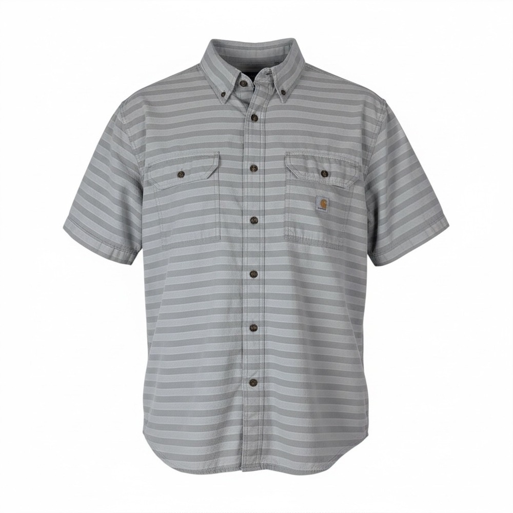 Carhartt Mens‎ Loose Fit Short Sleeve Button Down Shirt Gray Stripe Size Large